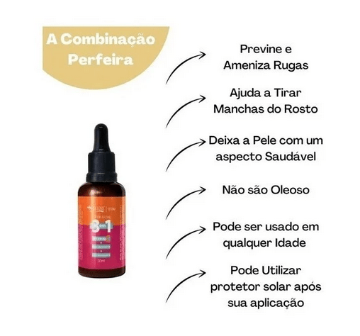 Serum Facial 3 em 1 Vitamina C Rosa Mosqueta Ácido Hialurônico